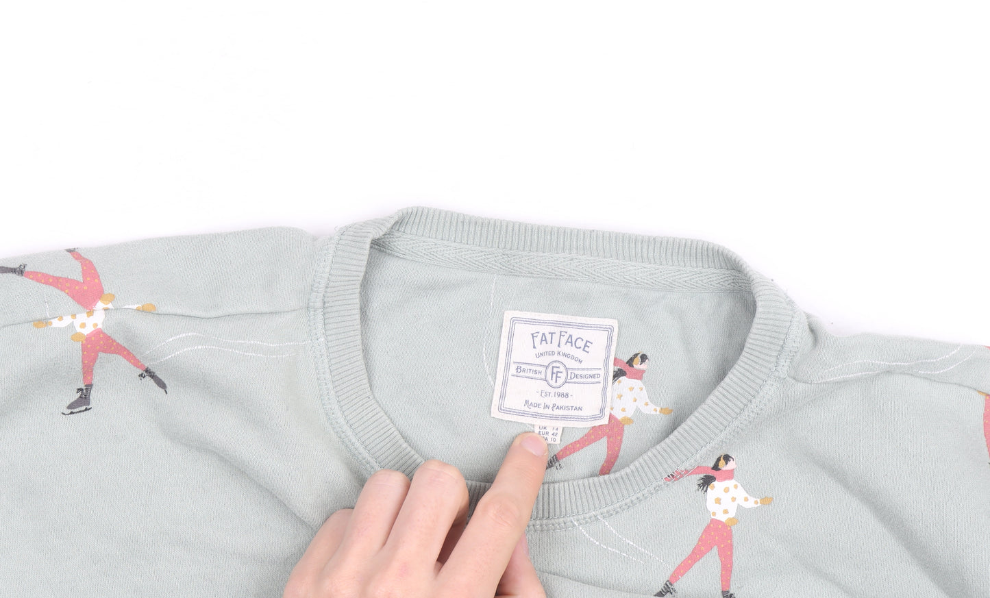 Fat Face Womens Green Ice Skater Print Sweatshirt Size 16 UK Cotton Crew Neck