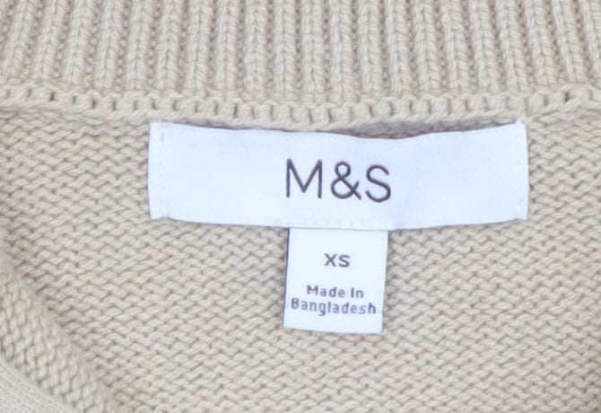 Marks and Spencer Womens Beige XS Full Zip High Neck Cotton Blend Jumper