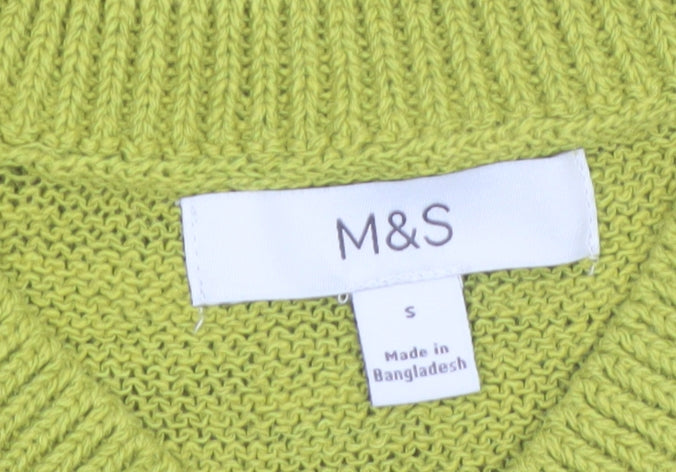Marks and Spencer Women's Green V-Neck Cotton Blend Short Sleeve Knit T-Shirt Small