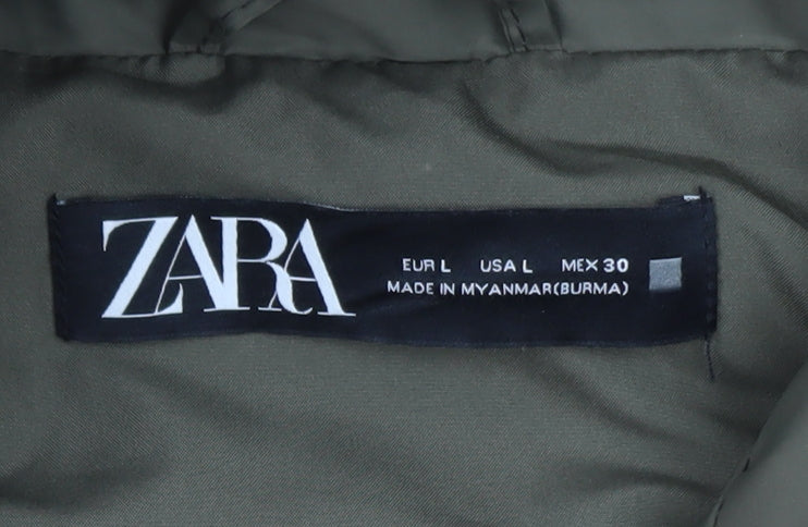 Zara Women's Green Long Hooded Puffer Waistcoat Size 14