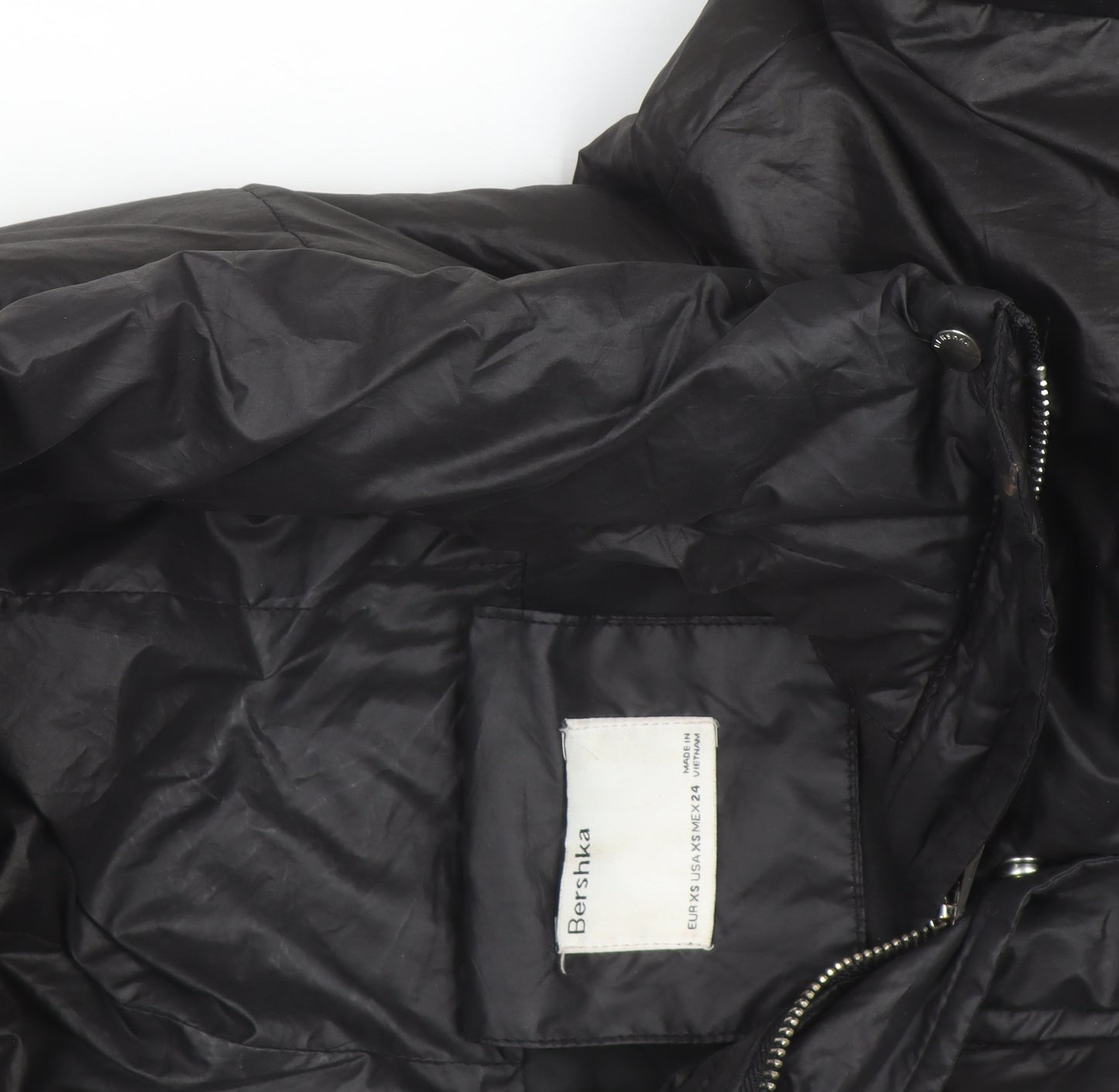 Bershka Women's Black XS Puffer Jacket Hooded Mid-Length
