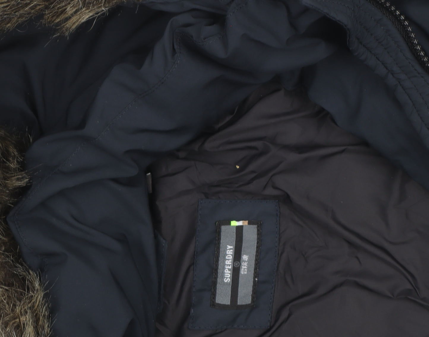 Superdry Womens Blue Long Puffer Coat Hooded Faux Fur Trim Size S