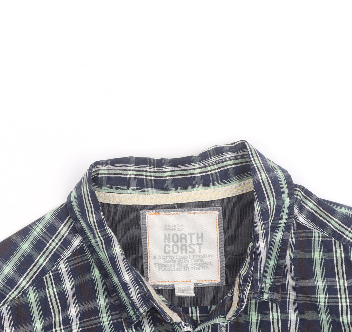 Marks and Spencer Men's Blue Plaid Cotton Button-Up Shirt L