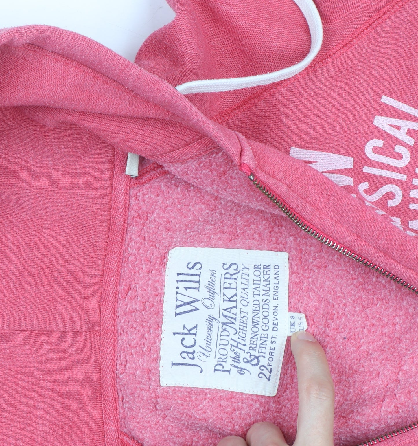 Jack Wills Womens Pink Full Zip Hoodie UK 8 Casual Lined Sweatshirt