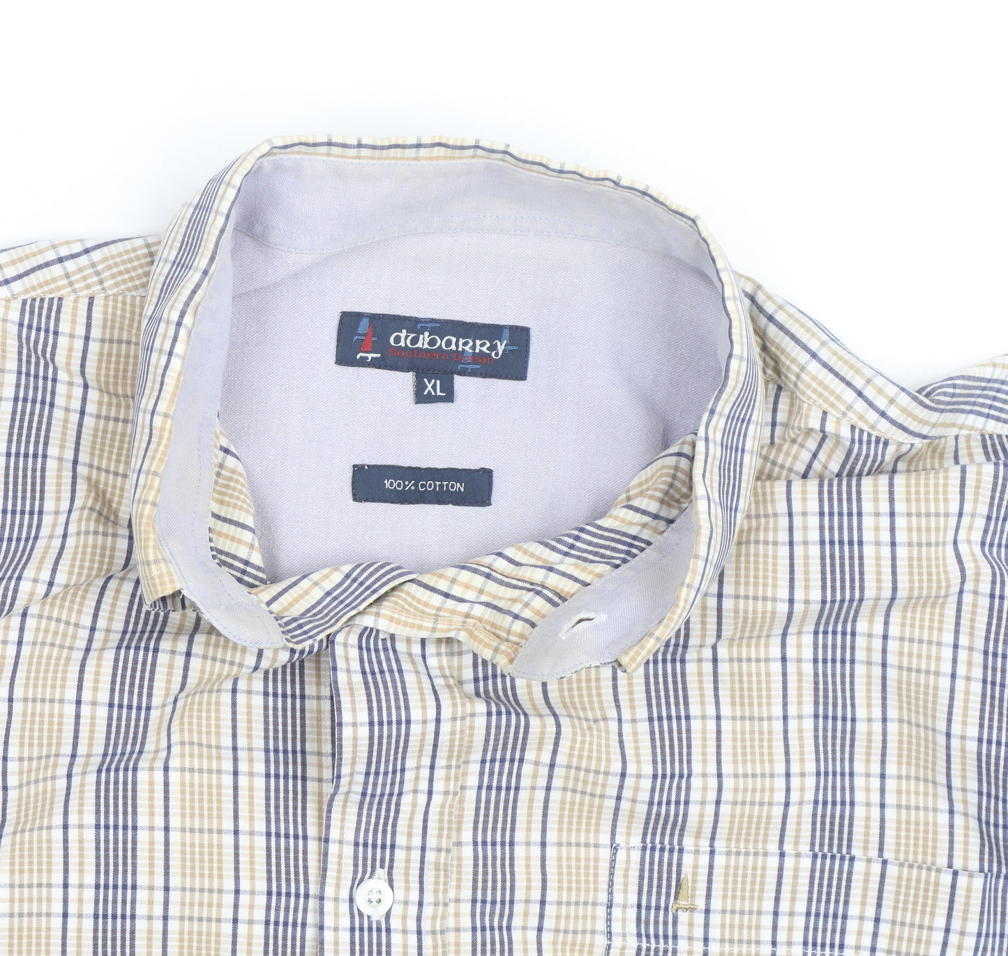 Dubarry Men's Beige Blue Check Button-Up Shirt XL Cotton Casual