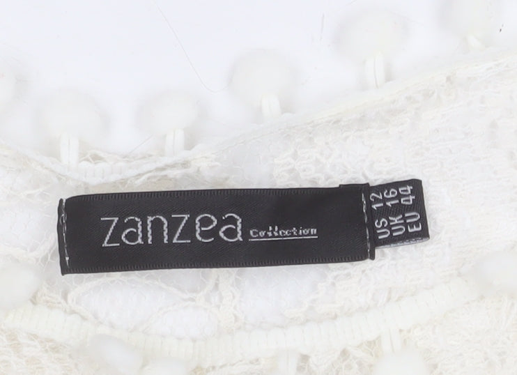 Zanzea Women's Ivory Lace Shift Dress Size 16 Bohemian Pom Pom Trim