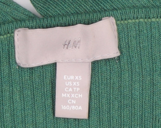H&M Women’s Green Ribbed Knit Bodycon Dress XS Long Sleeve
