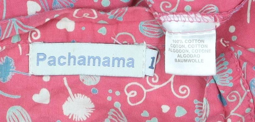 Pachamama Women’s Pink Floral Cotton 3/4 Sleeve V-Neck Tunic Blouse Size L