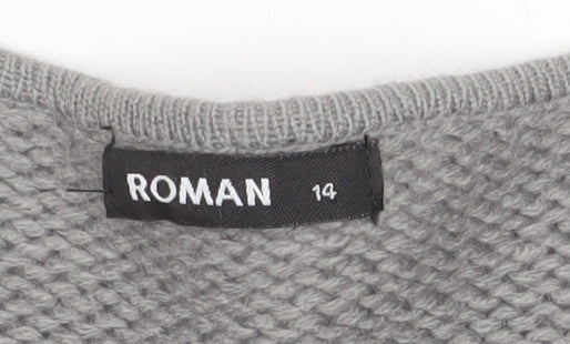 Roman Women Grey Size 14 Faux Fur Trim Knit Longline Cardigan