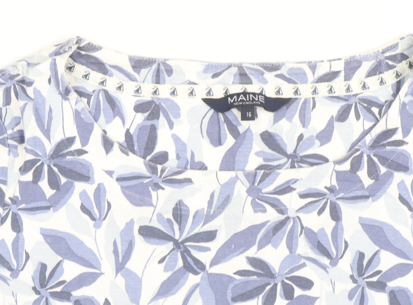 Maine New England Womens Blue Floral Cotton T-Shirt Size 16