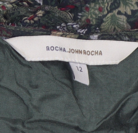 Rocha.John Rocha Women Green Floral Ruffle V-Neck Wrap Blouse Size 12