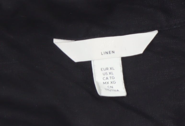 H&M Women Black Linen Short Sleeve Collared Button-Up Shirt Size 14