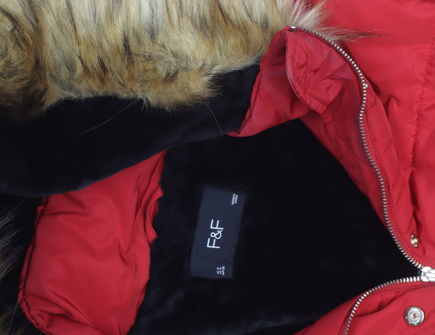 F&F Women's Red Puffer Jacket with Faux Fur Hood Size 8