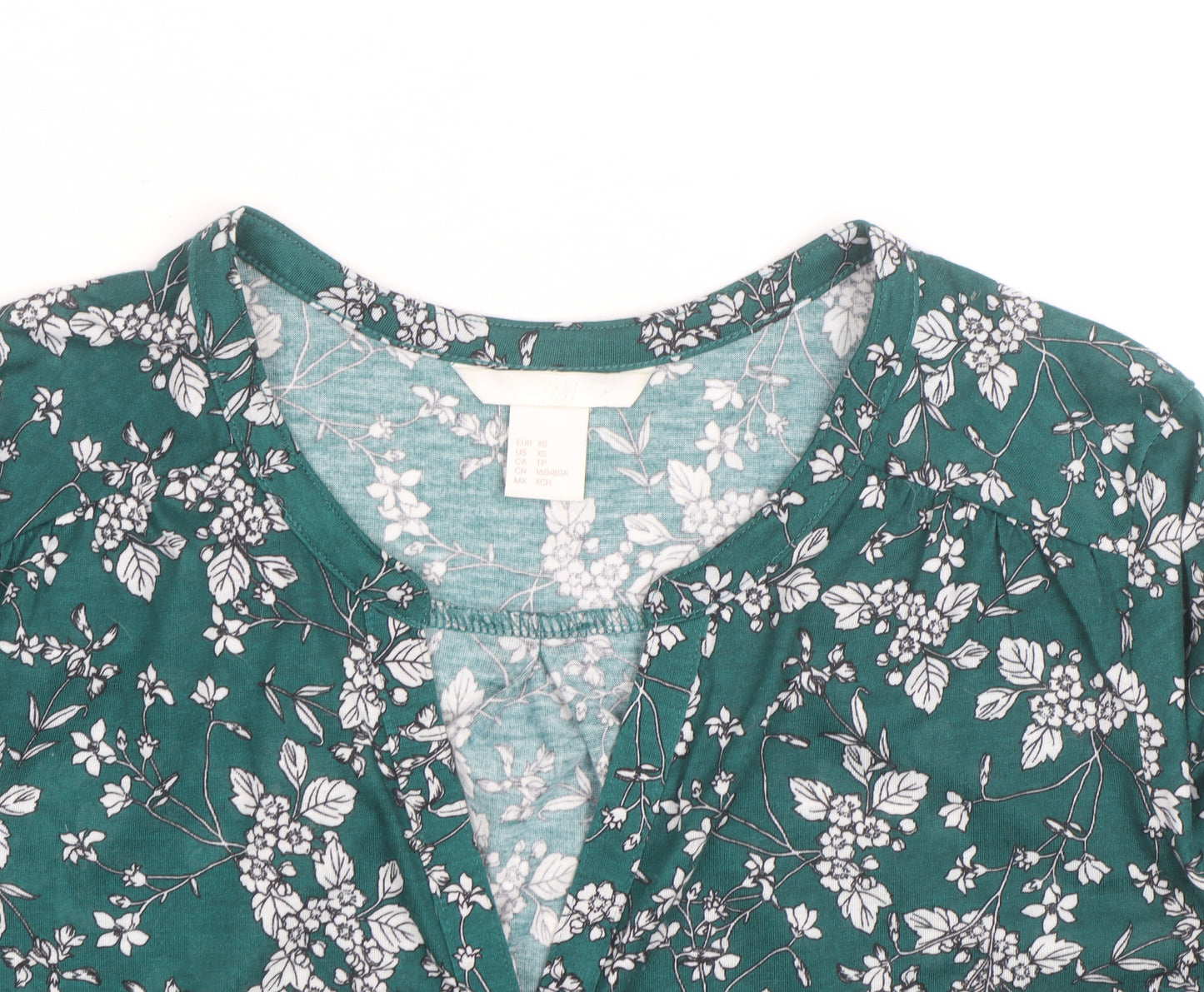 H&M Women’s Green Floral V-Neck Long Sleeve Cotton Tunic Blouse Size 10