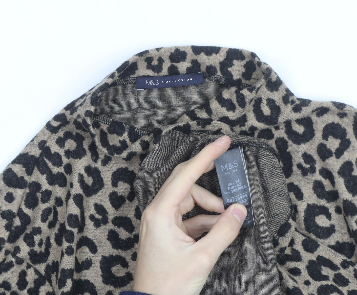 Marks and Spencer Women Brown Leopard Print High Neck Jumper Size 14