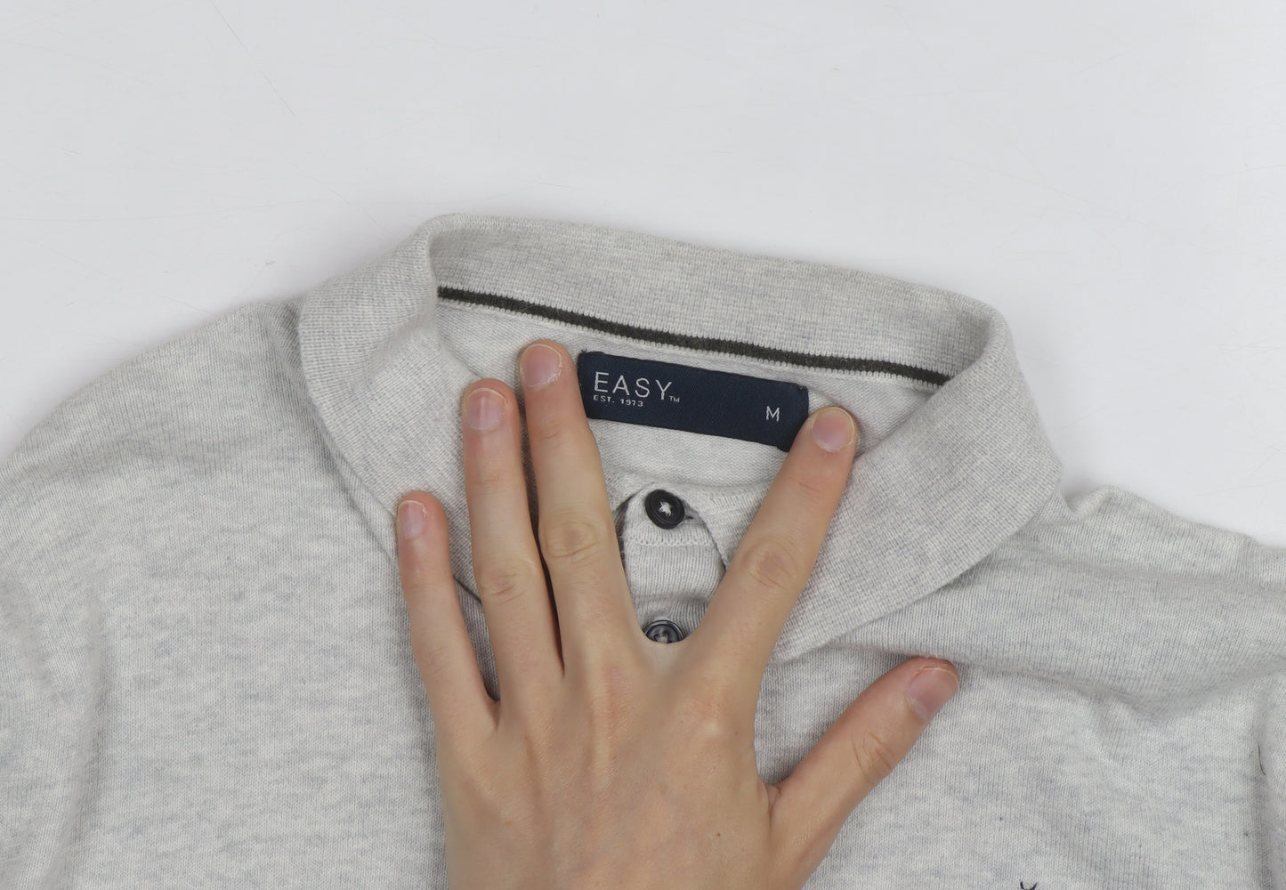 Easy Men's Grey Long Sleeve Cotton Polo Shirt Medium