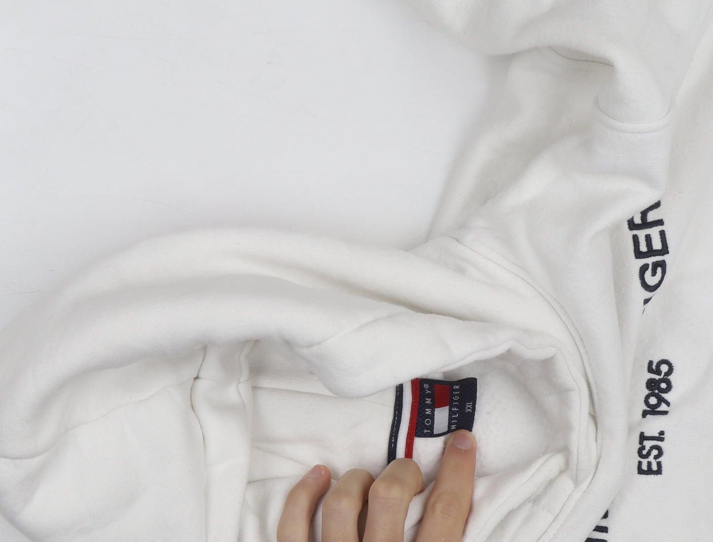 Tommy Hilfiger Men’s White 2XL Pullover Hoodie Embroidered Fleece