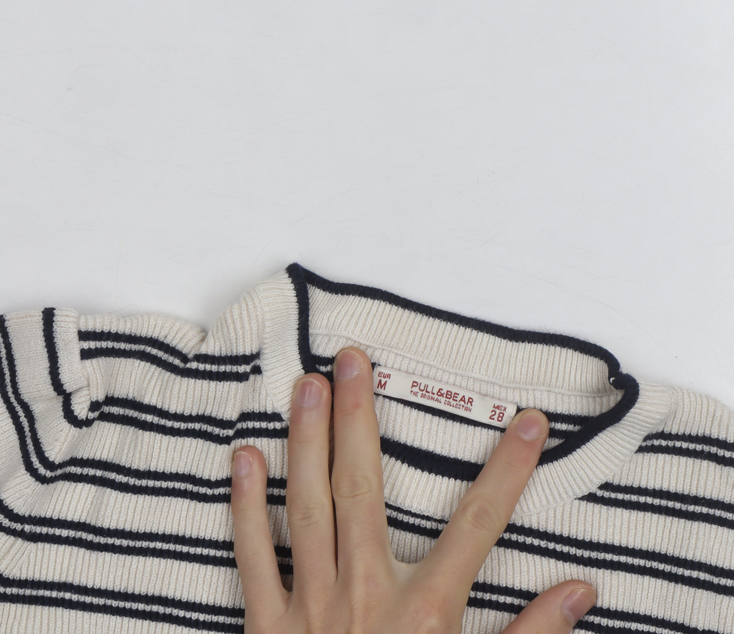 Pull & Bear Womens Ivory Black Striped Crew Neck Knit Jumper Size M