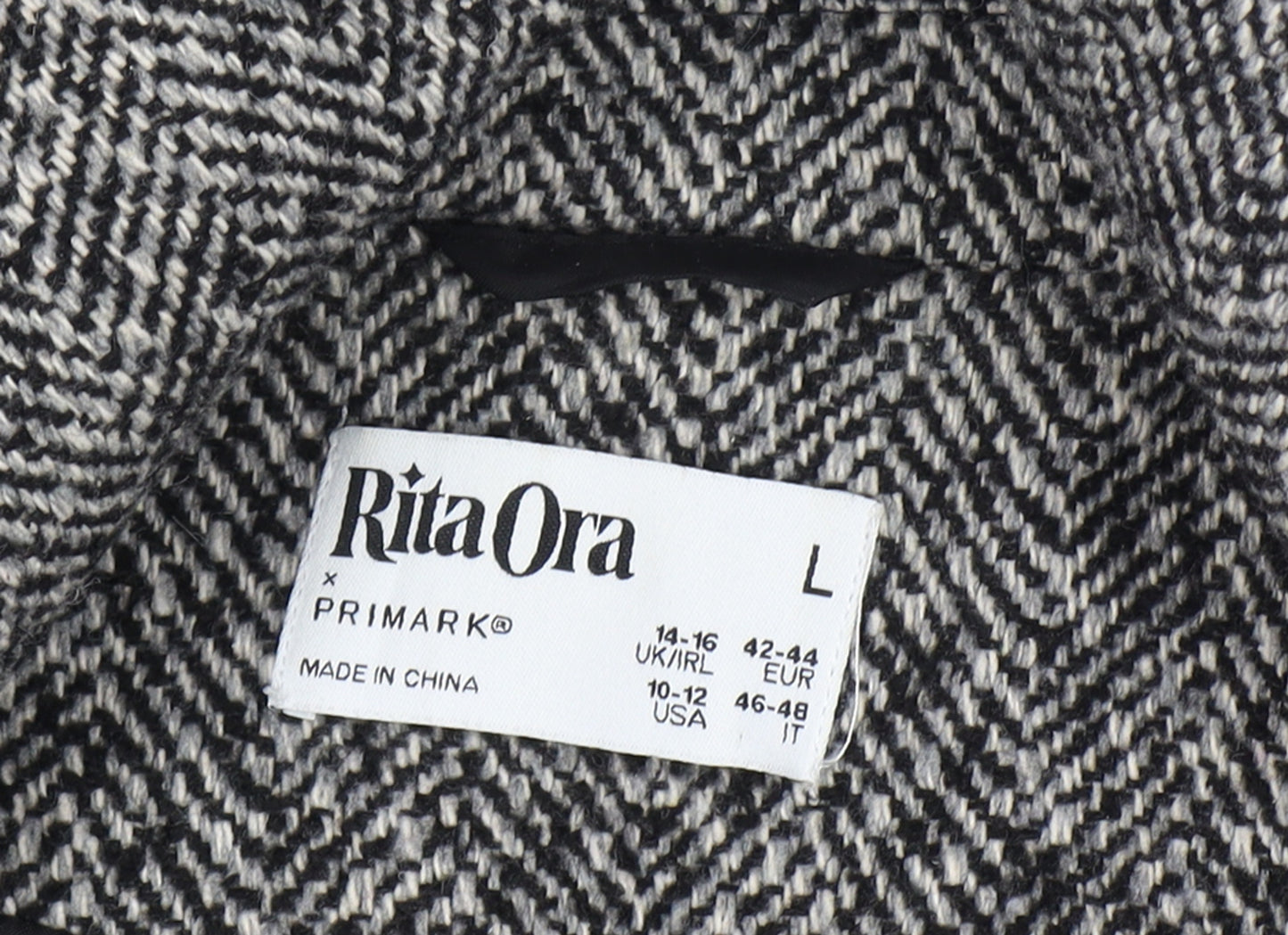 Primark Rita Ora Women Grey Herringbone Long Tweed Overcoat Size L 14-16