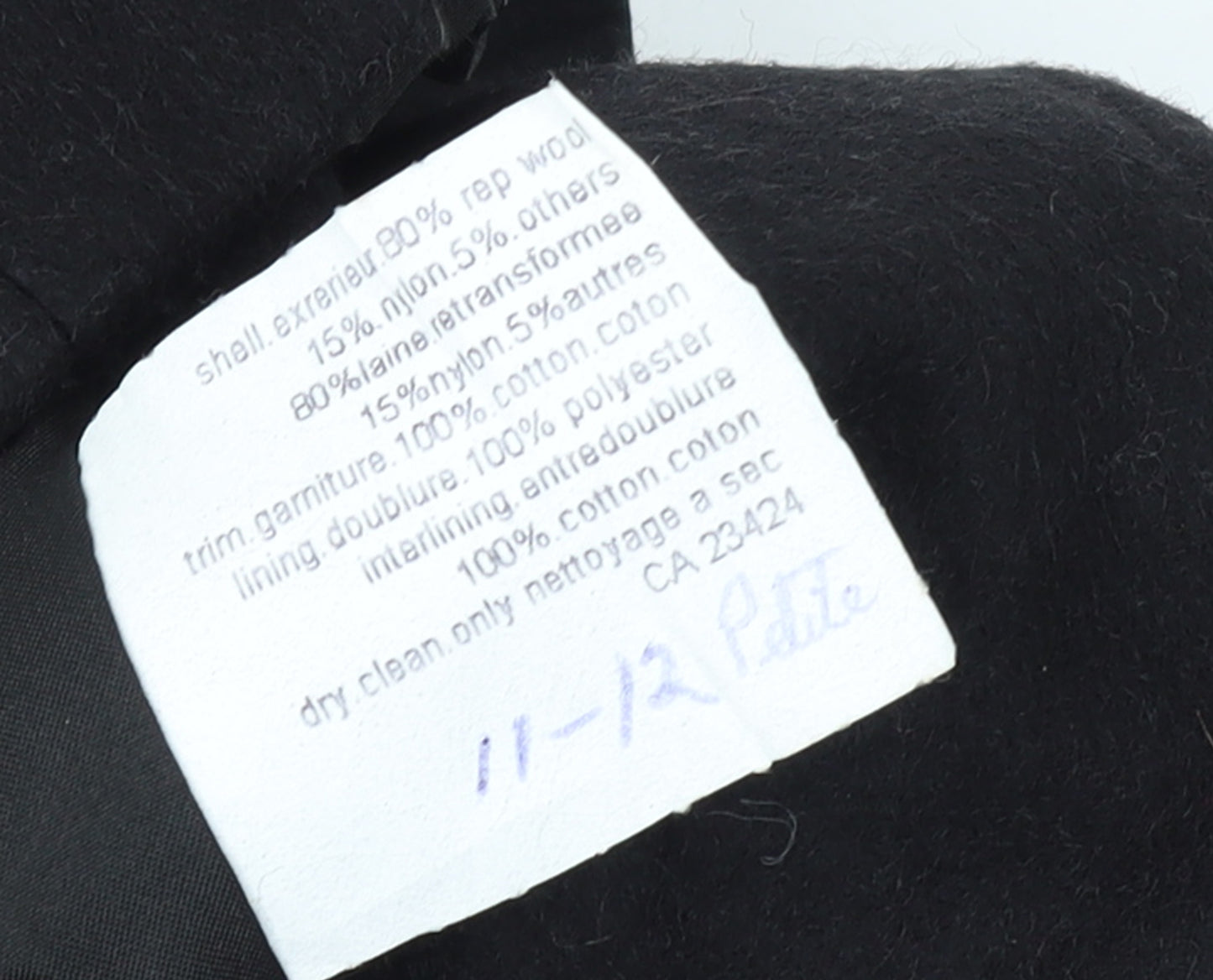Gallery Women’s Black Wool Long Overcoat Petite Size 11-12
