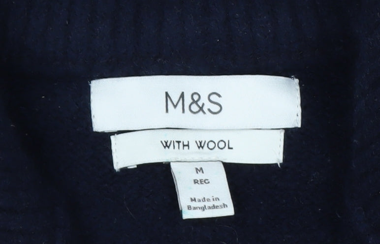 Marks and Spencer Men's Blue Geometric 1/2 Zip Wool Blend Jumper M
