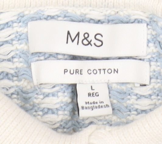 Marks and Spencer Men Blue Cream Cotton Short Sleeve Polo L