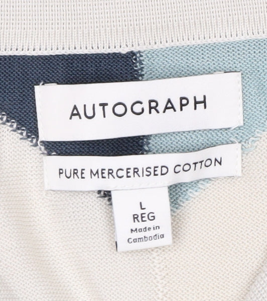 Marks and Spencer Autograph Men's Blue Geometric Cotton Polo L