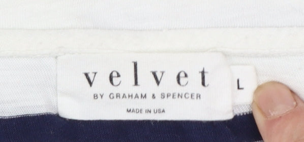 Velvet by Graham & Spencer Women's White Striped Long Sleeve Cotton T-Shirt - L
