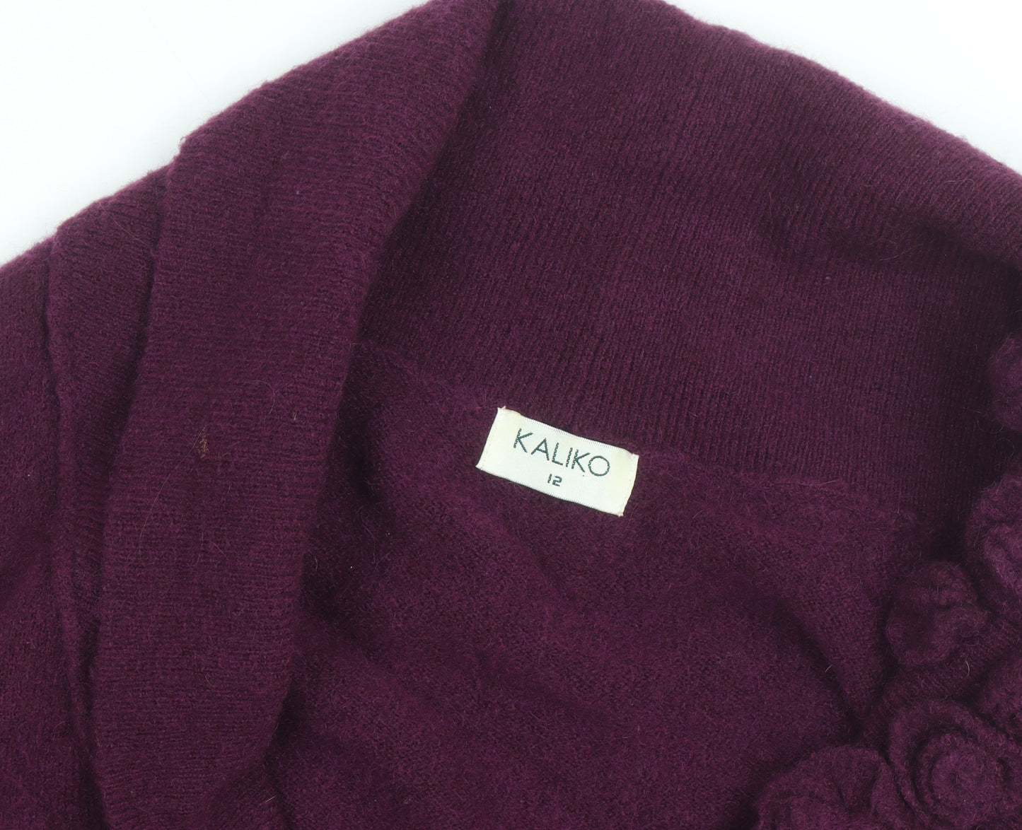 Kaliko Women Purple Cardigan Size 12 Wool Floral Tie Wrap Jumper