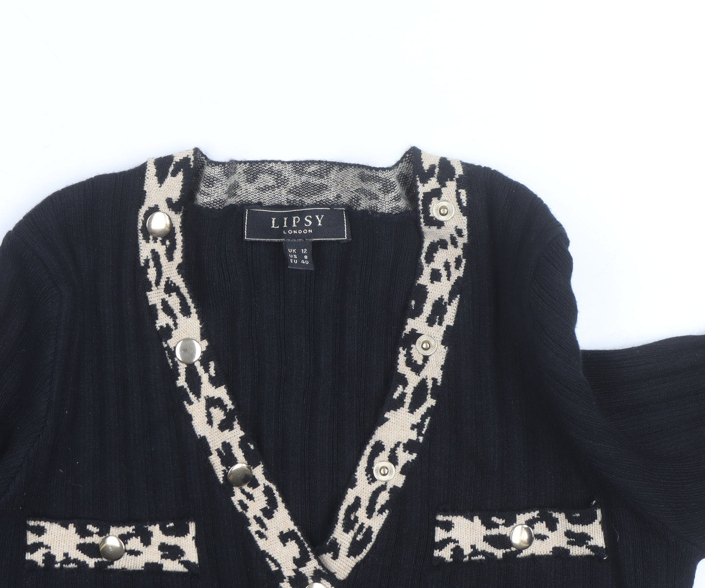 Lipsy Women Black Leopard Trim V-Neck Rib Knit Jumper Size 12