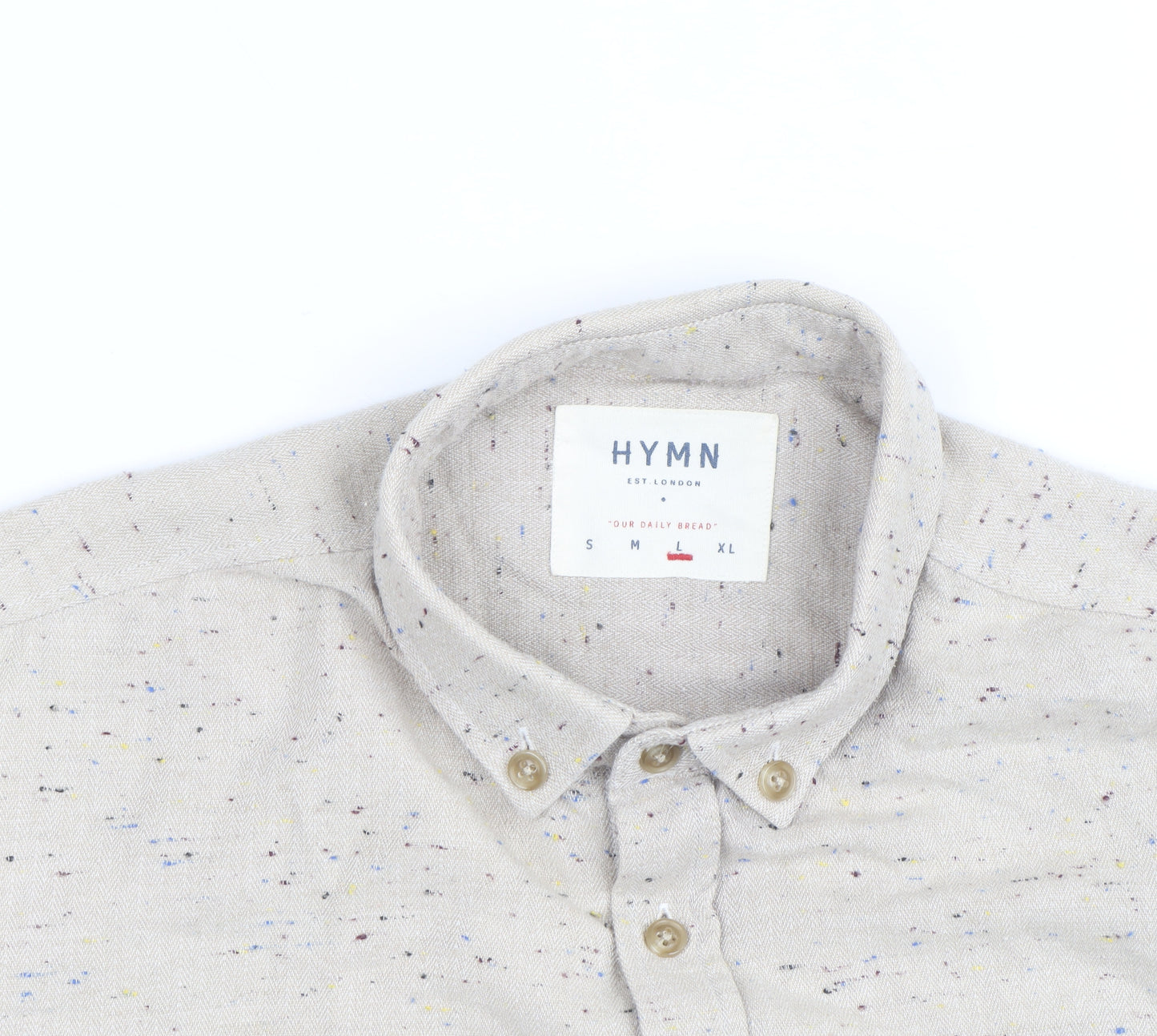 Hymn London Men's Beige Speckled Button-Up Casual Shirt Size L