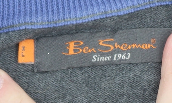 Ben Sherman Men's Grey Striped Cotton Knit Jumper XL