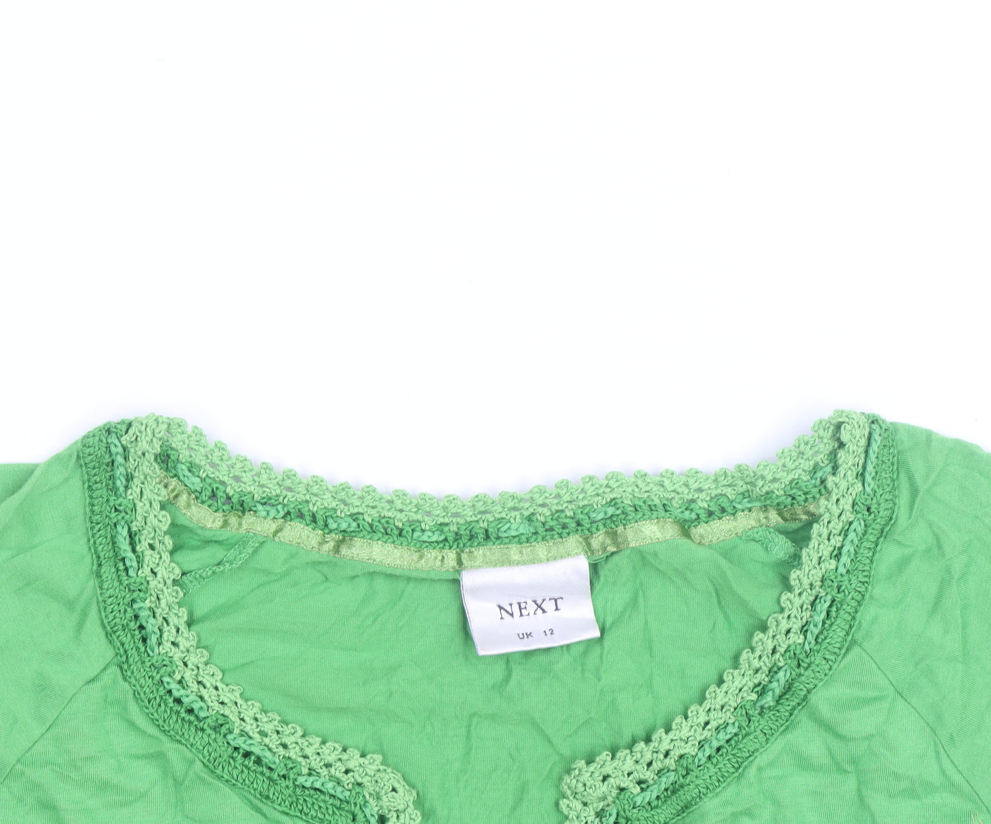 Next Women Green Crochet Trim Short Sleeve Cotton V-Neck T-Shirt UK 12