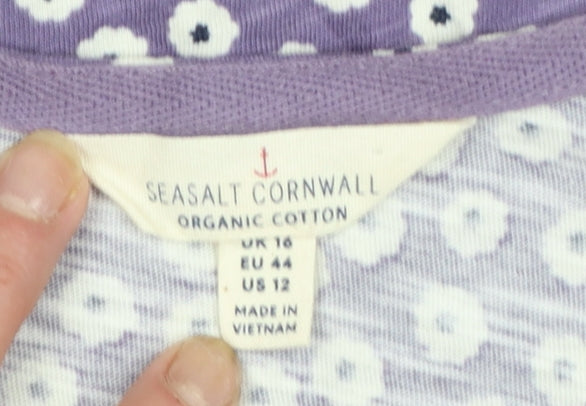 Seasalt Cornwall Womens Purple Floral Organic Cotton 3/4 Sleeve T-Shirt Size 16