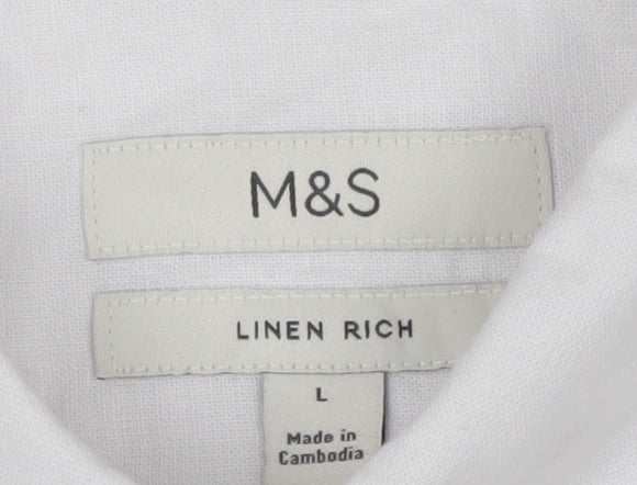 Marks and Spencer Men's White Linen Cotton Short Sleeve Button-Up Shirt L