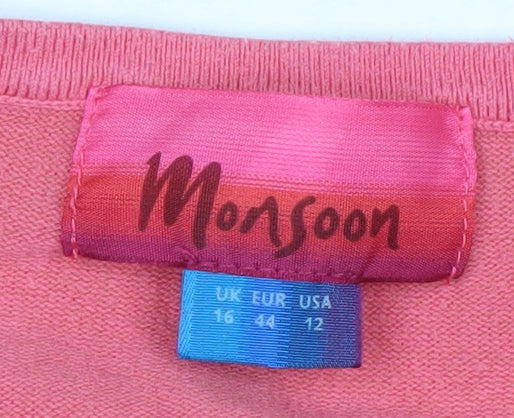 Monsoon Women Pink 16 V-Neck Cardigan Knit 3/4 Sleeve