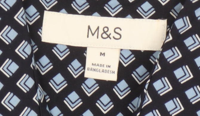 Marks and Spencer Men's Blue Geometric Short Sleeve Button-Up Shirt M