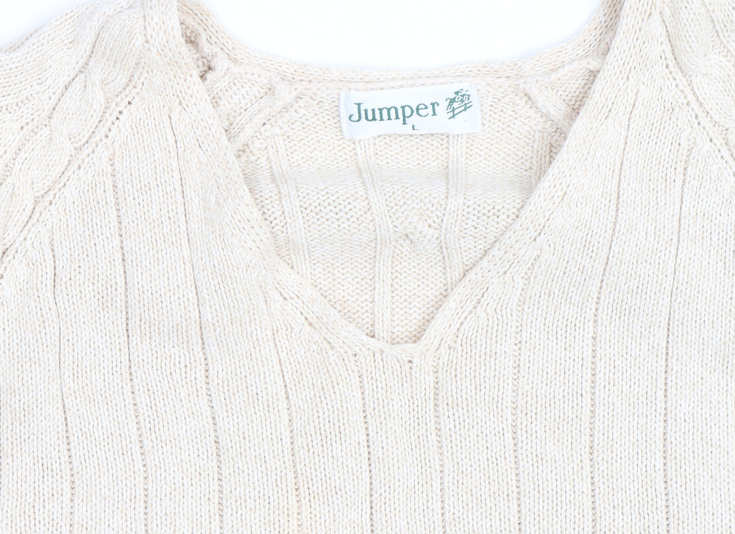 Jumper Men's Beige Cotton V-Neck Cable-Knit Pullover L
