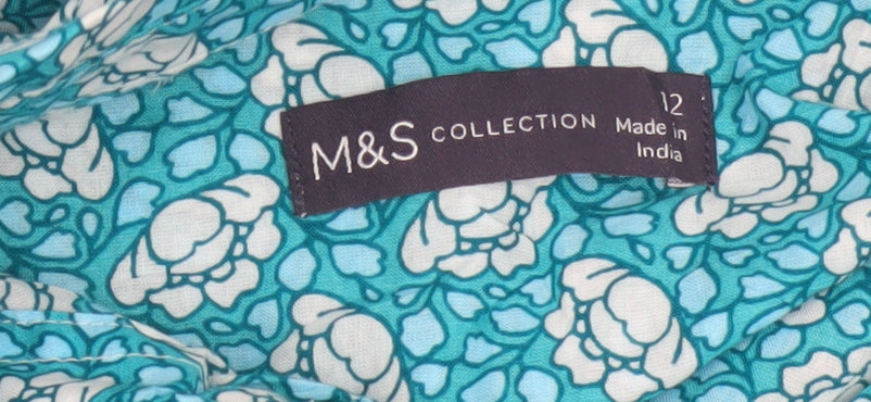 Marks and Spencer Women Blue Floral Long Sleeve Cotton Button-Up Shirt Size 12