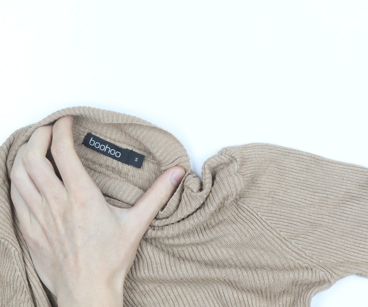 Boohoo Women Beige Mock Neck Ribbed Knit Long Sleeve Jumper S