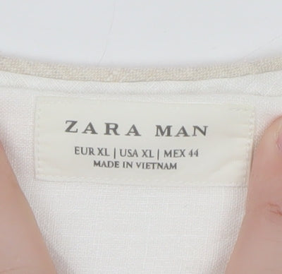 Zara Man White Linen Long Sleeve Band Collar Shirt XL