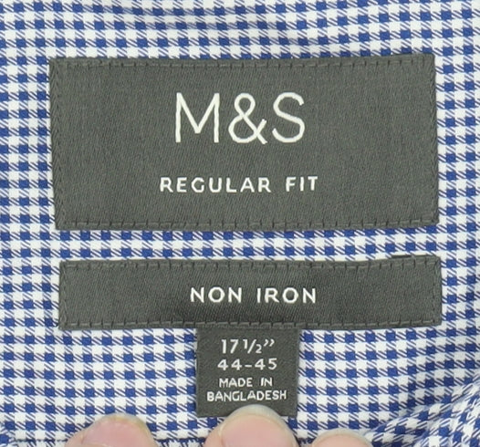 Marks and Spencer Men's Blue Check Regular Fit Non-Iron Dress Shirt 17.5”