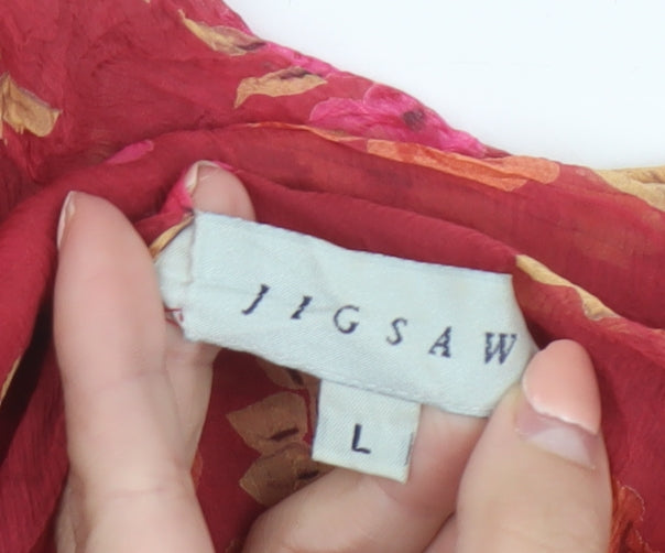 Jigsaw Women Red Floral Silk Long Sleeve Tunic Blouse Size L