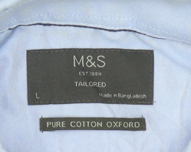 Marks and Spencer Men's Blue Cotton Oxford Long Sleeve Shirt L
