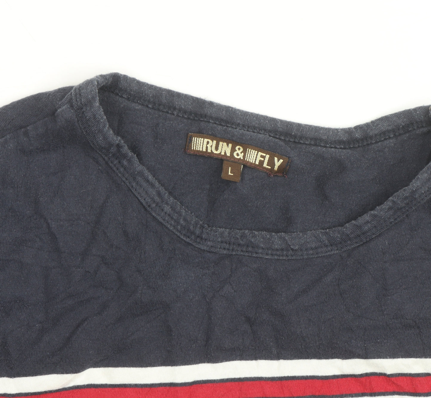 Run & Fly Men's Navy Rainbow Stripe Crew Neck Cotton T-Shirt Size L