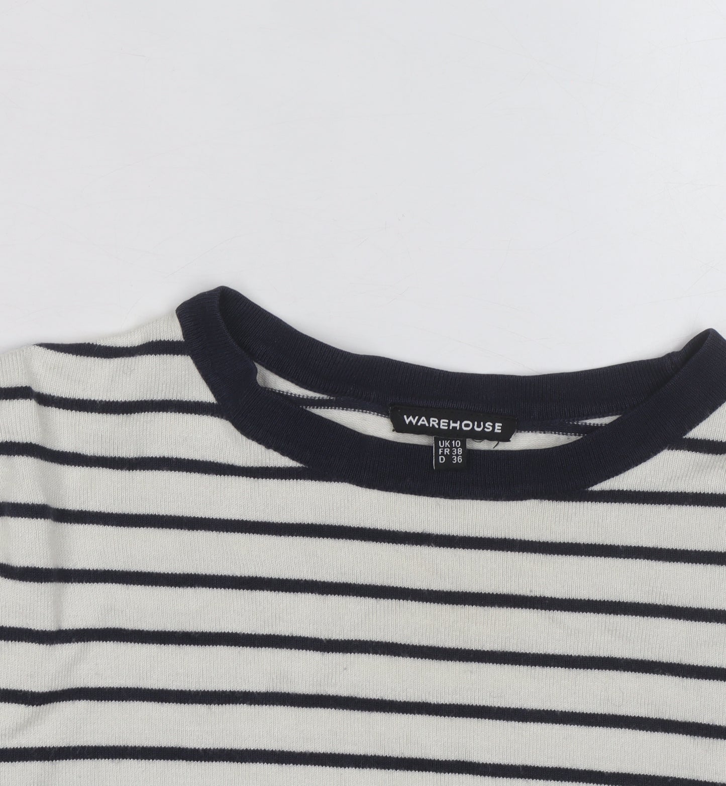 Warehouse Women’s Navy Stripe Crew Neck Jumper UK 10 Cotton Blend Long Sleeve