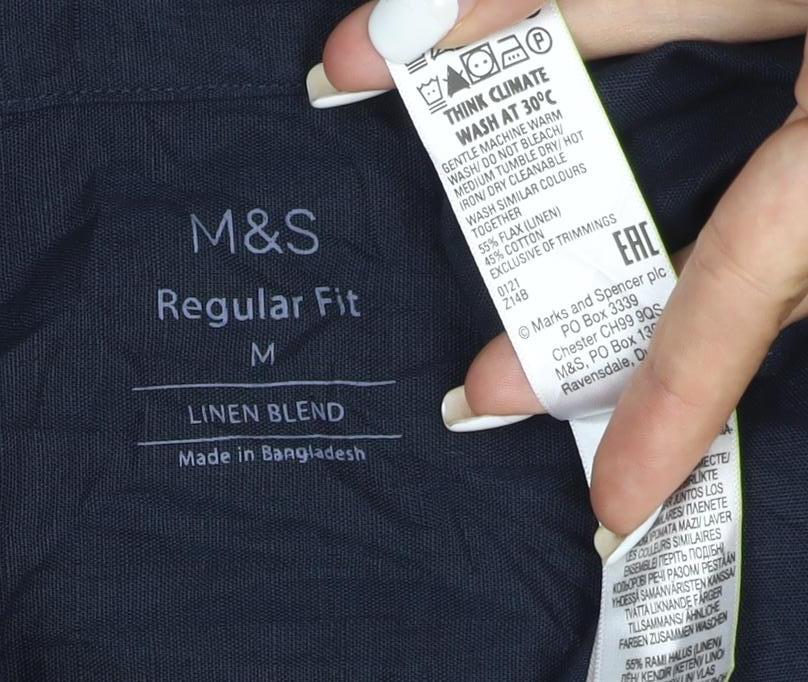 Marks and Spencer Men's Blue Linen Blend Regular Fit Short Sleeve Shirt M