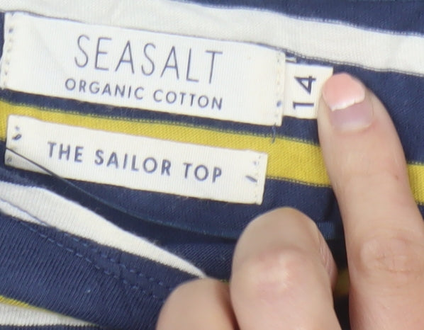 Seasalt Women Blue Striped 3/4 Sleeve Cotton Sailor Top Size 14