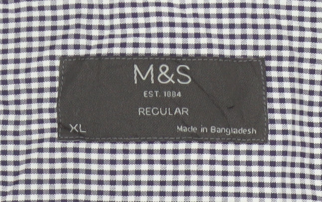 Marks and Spencer Men's Blue Check Regular Fit Short Sleeve Shirt XL