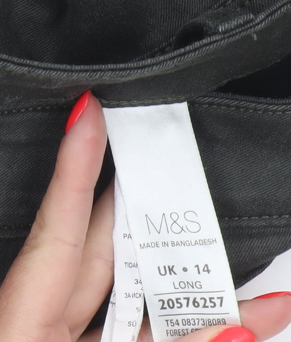 Marks and Spencer Women Forest Green Slim Trousers UK 14 Long Cotton Blend